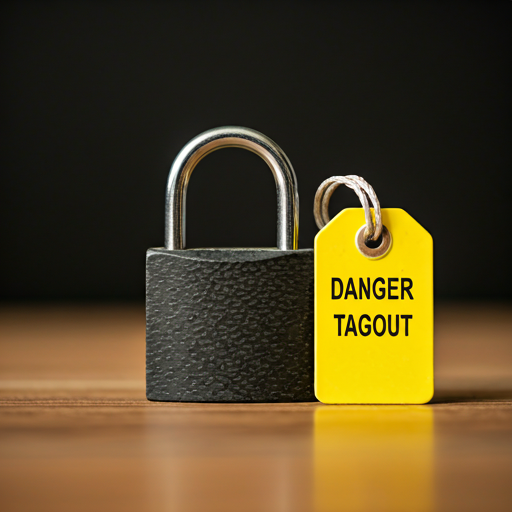 Close-up of DANGER Lockout Tagout LOTO padlock and yellow safety tag