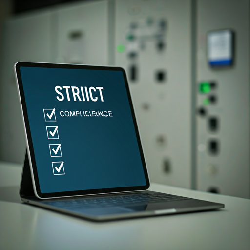 Close-up of a digital tablet displaying a strict compliance checklist in front of a control panel