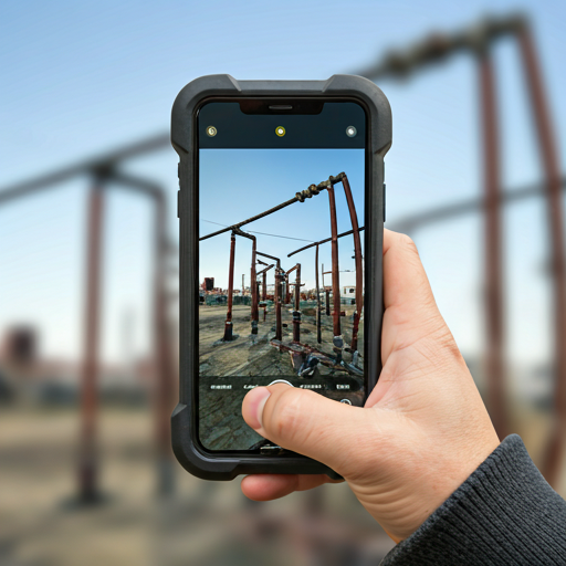 Hand-held ruggedized mobile device capturing a photo of a high-voltage cable connection