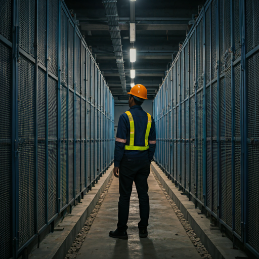 Engineers in electrical safety gear reviewing a site with large industrial battery racks