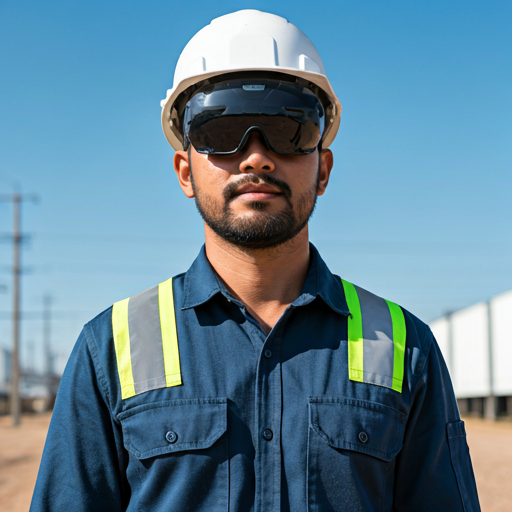 Field engineer wearing a professional hands-free AR headset at a live grid site